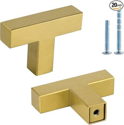 LONTAN 20 Pack Dresser Knobs Brushed Brass Kitchen Cabinet knobs Square Gold Cabinet Door Hardware for Bathroom Closet Cupboard