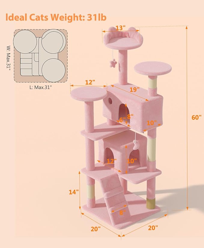 60'' Cat Tree Tower for Indoor Cats Large Adult,Cute/Tall Modern Cat Tree for Big Cats 20 lbs, Plush Multi-Level Cat Condo with Scratching Posts,Dangling for Fun Play (Soft Pink, 60 inch)-Mewly Pet