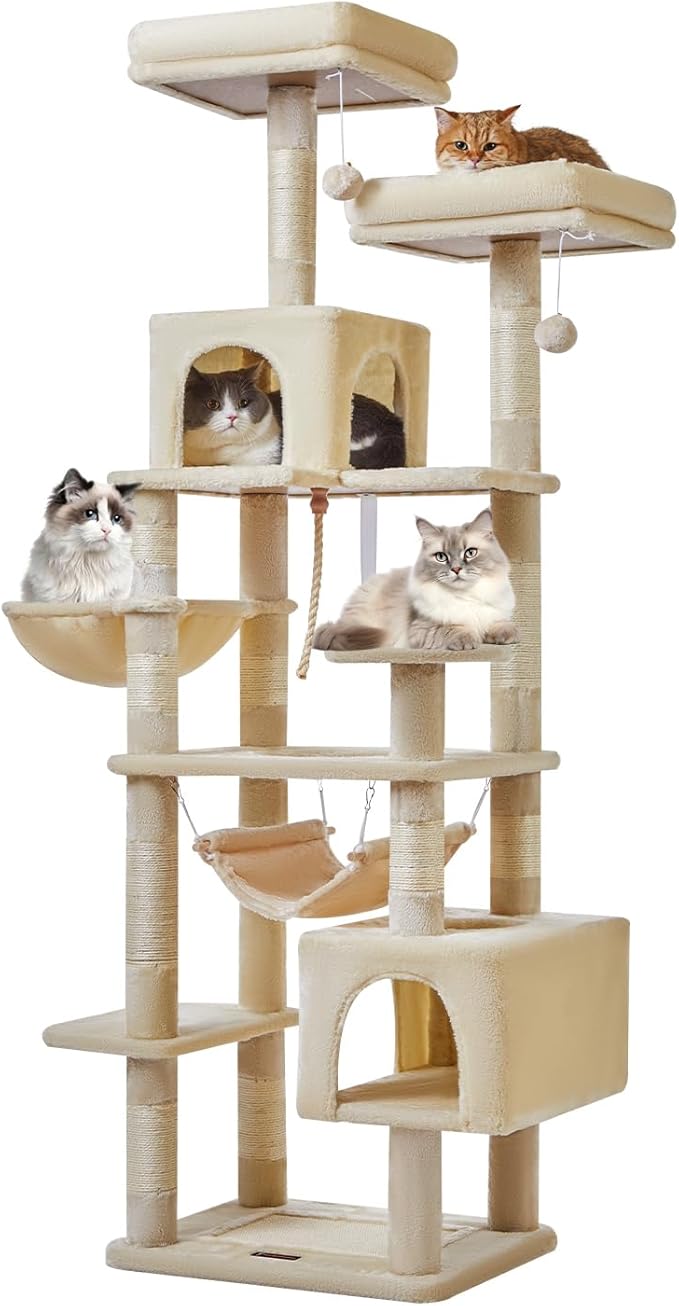 Taoqimiao Cat Tree, 71-Inch Cat Tree Cat Tower for Indoor Cats, Plush Multi-Level Cat Condo with 10 Scratching Posts, 2 Perches,Basket, 2 Caves,Hammock, 2 Pompoms,MS020M Beige-Mewly Pet