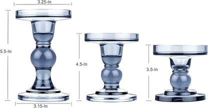 KiaoTime Set of 3 Glass Pillar Candle Holder Candlestick Taper Candle Set Crystal Blue Candlesticks Holder for Home Fireplace Table Bath Wedding Decoration