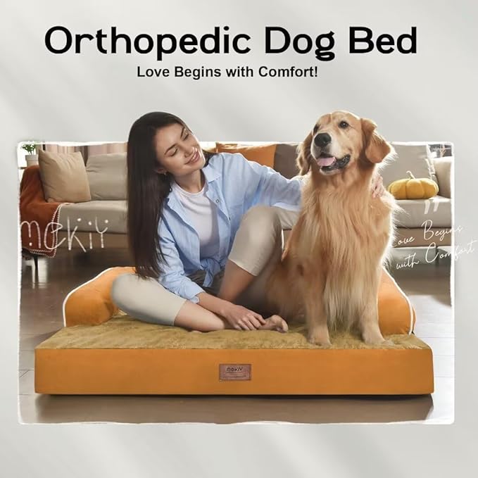 Large Dog Bed Orthopedic Washable, Dog Beds for Large Dogs, Washable Cover Removable Bolster and Non-Slip Bottom Jumbo Orthopedic Orange Dogs Beds, XXLarge Extra Large Pets-Mewly Pet