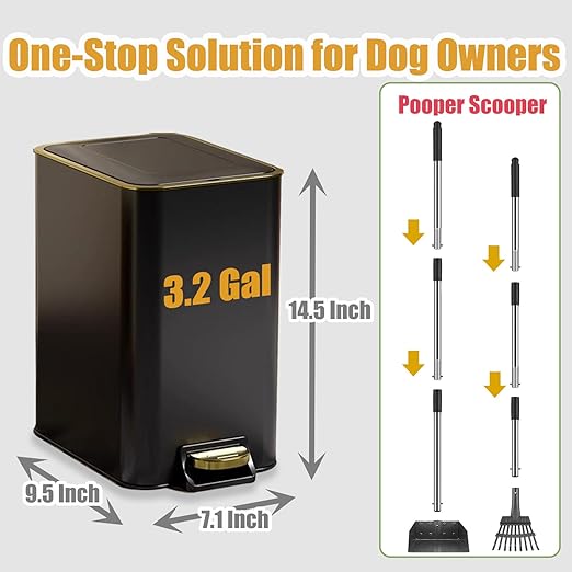 Dog Poop Trash Can Outside Stainless Steel - Metal Pooper Scooper Set - 12L Dog Waste Trash Can Outdoor with Pedal - Backyard, Yard - Removable Inner Bin, Long Handle Tray and Rake - Black and Gold-Mewly Pet