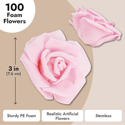 Juvale Pink Roses Artificial Flowers - 100 Pack, 3 in Stemless Foam - Bulk Artificial Blooms for Wedding Decor, Centerpiece Table Decorations & DIY Floral Arrangements