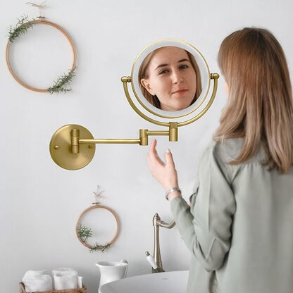 Antique Brass Rechargeable Wall Mounted Makeup Mirror Magnifying, 1X/10X Magnifying Mirror for Bathroom, 8 Inch 2 Sided 360 Swivel Extendable Arm Vanity Shaving Mirror for Bathroom