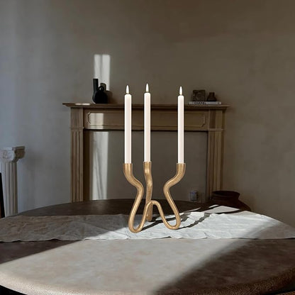 Triple Candle Holder Candelabra - Cast Iron Metal Taper Candlestick Stand with Antique Brass Finish - Elegant Wedding Centerpiece for Home, Dining, Event Decor