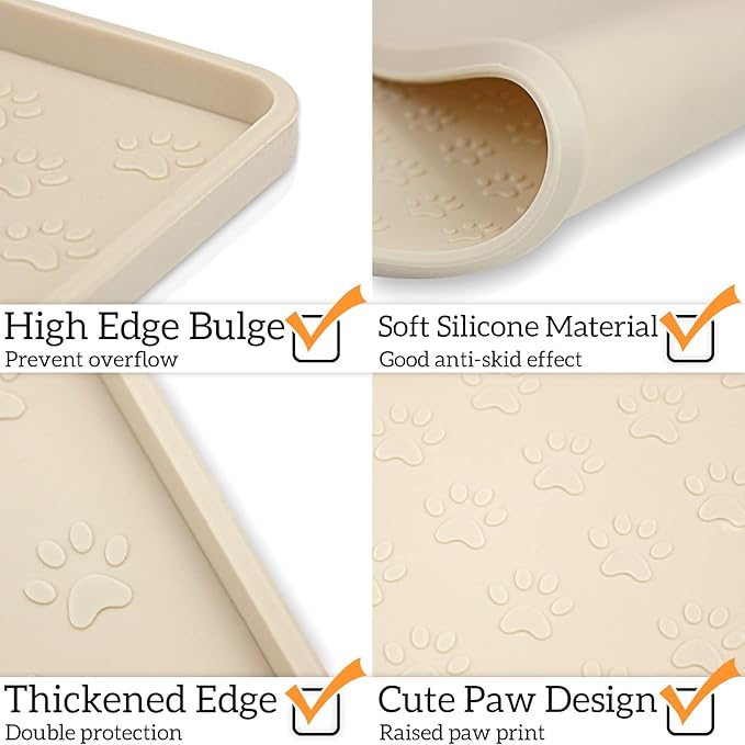 Ptlom Pet Placemat for Dog and Cat, Waterproof Non-Slip Silicone Feeding Bowl Mat Prevent Food and Water Overflow, Puppy Dish Feeder Fountain Trays Suitable for Medium and Small Pets, Beige-Mewly Pet