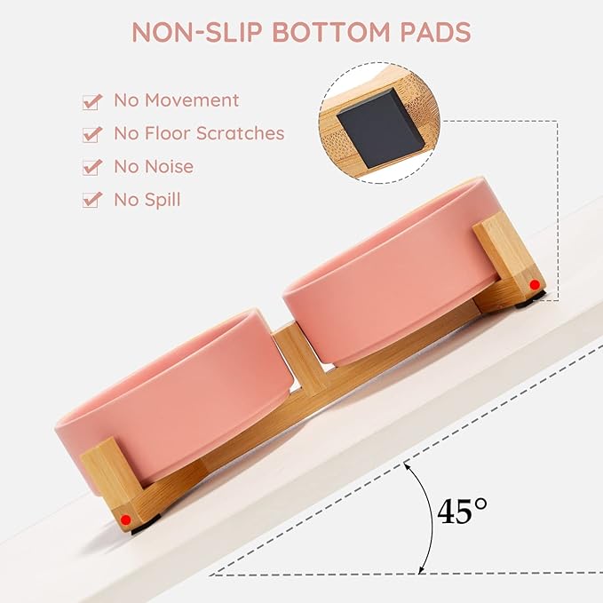 SPUNKYJUNKY Ceramic Dog and Cat Bowl with Wood Stand Non-Slip Matte Glaze Weighted Food Water Set for Cats &Small Dogs 13.5 OZ-Mewly Pet
