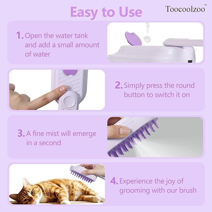 3-in-1 Cat Steam Brush, Rechargeable Cat Brush with Steam, Spritz Defur Comb for Dogs, Spritz Defur Comb for Cats (Purple)-Mewly Pet