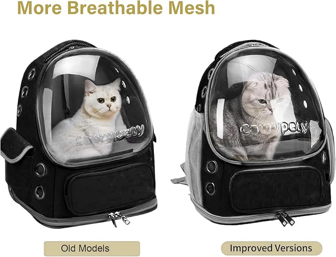 Cat Backpack Carrier, Breathable Cat Carrier Large Space Bubble Pet Backpack for Kitty Small Dog up to 12lbs, Transparent & Foldable Pet Carrier for Travel Hiking (Black-Mewly Pet