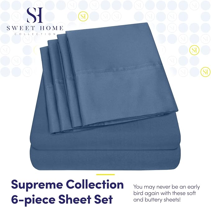 Cal King Size Bed Sheets - 6 Piece 1500 Supreme Collection Fine Brushed Microfiber Deep Pocket California King Sheet Set Bedding - 2 Extra Pillow Cases, Great Value, California King, Denim