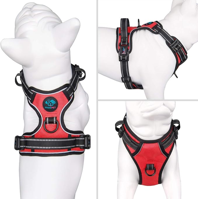 PHOEPET No Pull Dog Harness Medium Reflective Front Clip Puppy Vest with Handle,Adjustable 2 Metal Leash Attachment Hooks(M, Red)-Mewly Pet