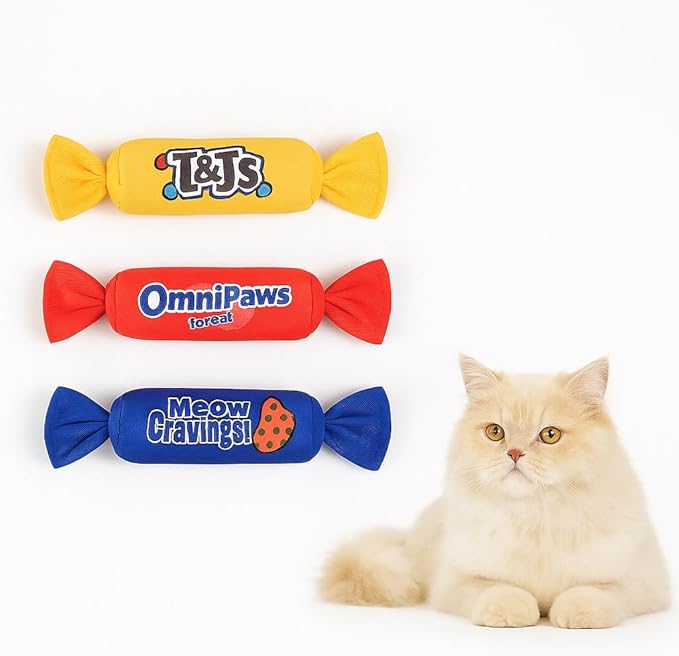 Catnip Candy Toys for Indoor Cats – 3-Pack Crinkle Cat Toys with Catnip Pouches, Durable Canvas & Soft Filling, Cat Chew Toys for Kittens & Adults (Mix Color)-Mewly Pet