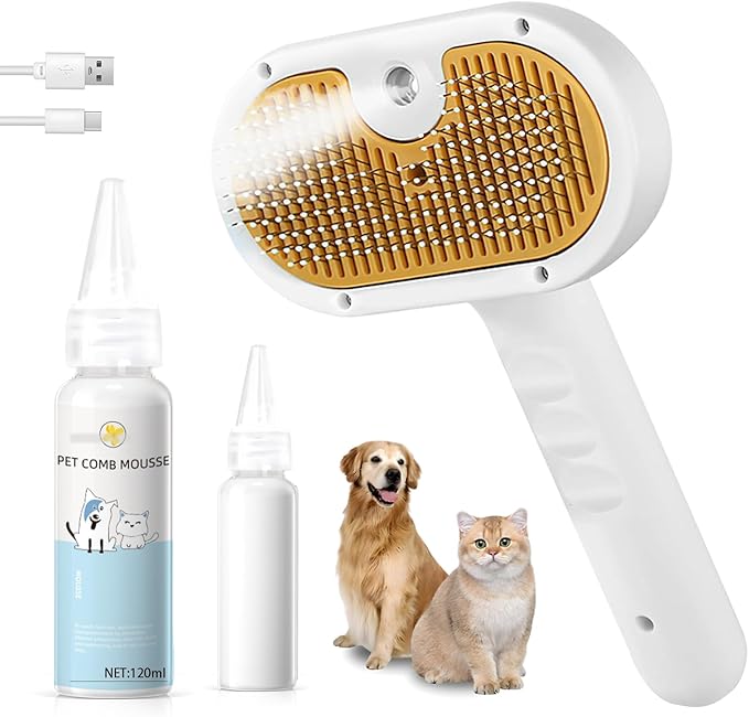 Pet Steam Brush for Dog & Cat – 3-in-1 Spray Hair Removal Comb – Steam for Shedding & Grooming – Water Brush for Long & Short Haired Pets – Spritz Defur Comb – Includes Waterless Shampoo-Mewly Pet