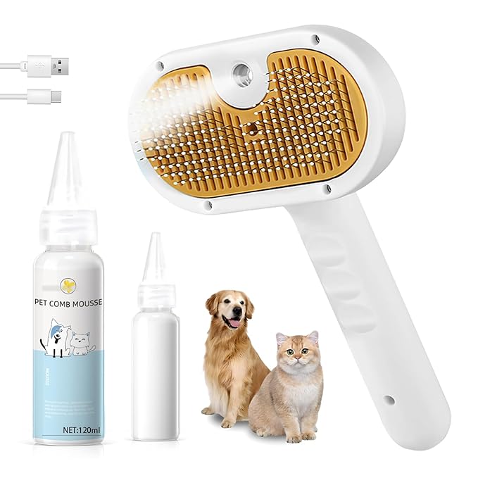 Pet Steam Brush for Dog & Cat – 3-in-1 Spray Hair Removal Comb – Steam for Shedding & Grooming – Water Brush for Long & Short Haired Pets – Spritz Defur Comb – Includes Waterless Shampoo-Mewly Pet
