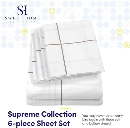 Cal King Size Bed Sheets - 6 Piece 1500 Supreme Collection Fine Brushed Microfiber Deep Pocket California King Sheet Set Bedding - 2 Extra Pillow Cases, Great Value, California King, Window Pane White