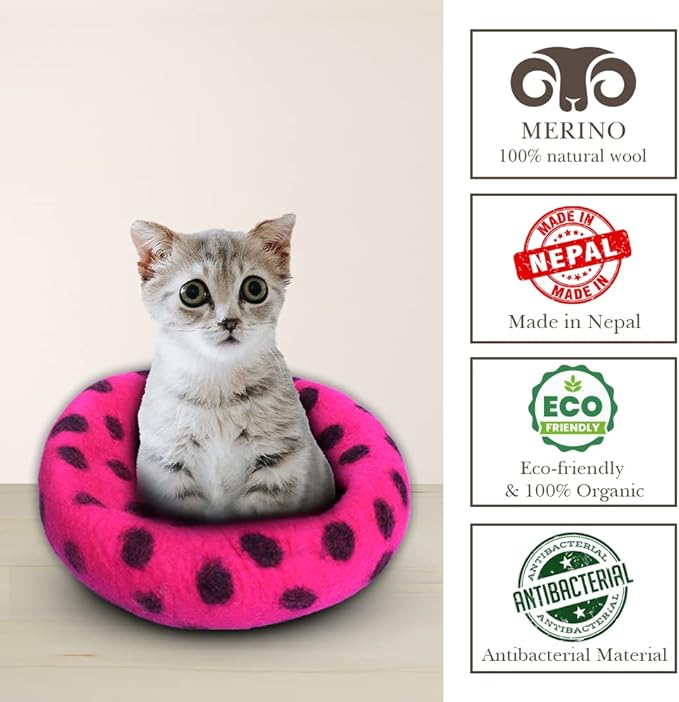 Woolygon Premium Felt Cat Cave Bed - Polka Dot Series - Wool Kitty Beds Handcrafted Kitten Caves Bed for Indoor Cats - Eco-Friendly Merino Wool, Foldable Cat Hideaway Cat Houses (Pink/Black Dots)-Mewly Pet