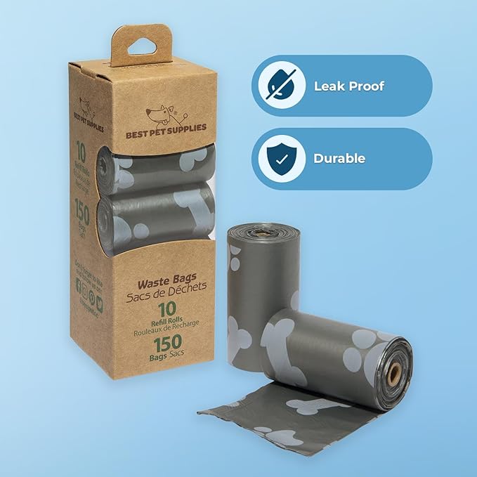 Best Pet Supplies Dog Poop Bags (150 Bags) for Waste Refuse Cleanup, Doggy Roll Replacements for Outdoor Puppy Walking and Travel, Leak Proof and Tear Resistant, Thick Plastic - Gray-Mewly Pet