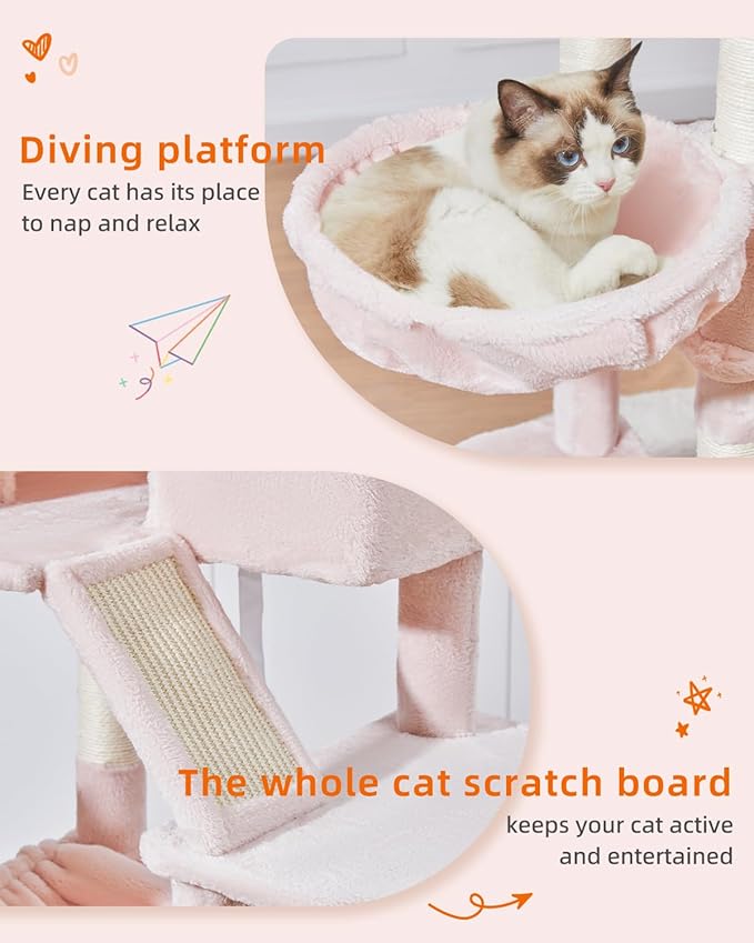 Taoqimiao Cat Tree 71-Inch, Cat Tower for Indoor Cats Large Adult, Multi-Level Large Cat Condo, 8 Sisal Scratching Posts, Metal Frame Cozy Hammock, Scratch Board, 2 Top Perches, Jelly Pink MS026LP-Mewly Pet