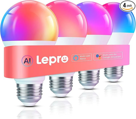 Lepro B1 AI Smart Light Bulbs - WiFi & Bluetooth RGBWW Color Changing LED Bulb Works with Alexa & Google Assistant, Personalized Al Lighting Designer, AI Voice Control, Music Sync, 2.4GHz Only, 4 Pack