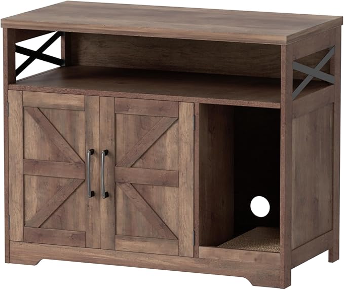 Cat Litter Box Enclosure, Hidden Litter Box Furniture with Scratch Pad, Farmhouse Indoor Cat House Washroom End Table, Retro Brown-Mewly Pet