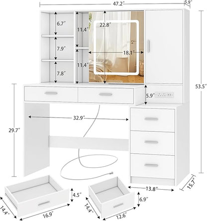 Quimoo Vanity Desk with Lighted Mirror and Power Outlet, Makeup Vanity Desk with 5 Drawers and Cabinet, Hidden and Open Shelves, White Vanity Table Set with 3 Color Lighting