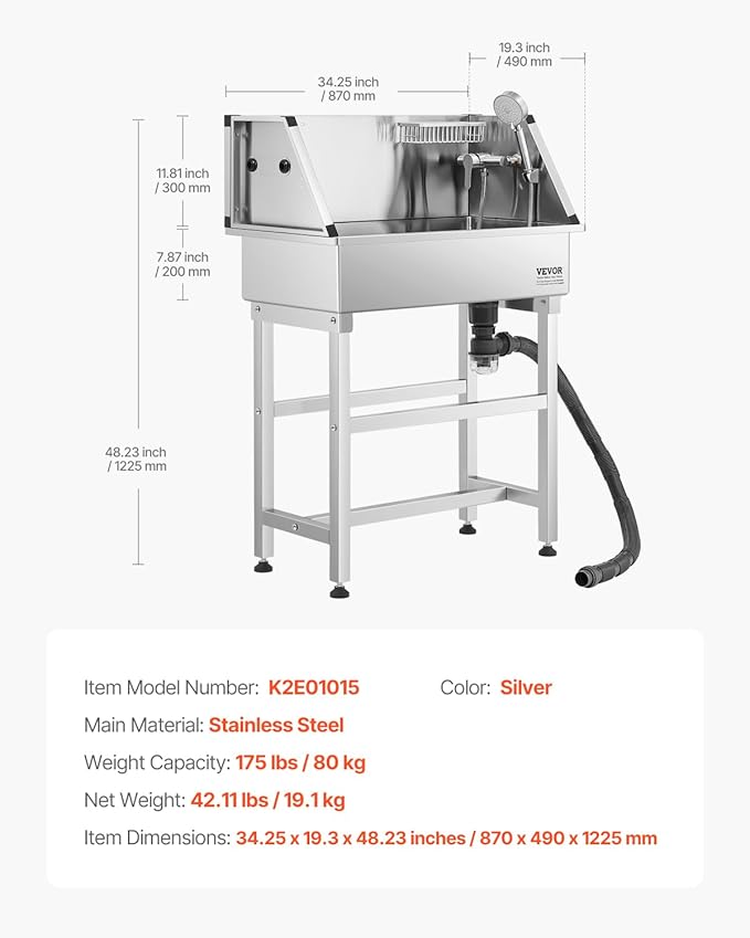 VEVOR Stainless Steel Dog Washing Station, 34 inch Pet Grooming Tub w/Faucet & Showerhead & Soap Holder & Play Balls Simple Dog Bathtub for Multiple Pets, Home Washing Sink-Mewly Pet