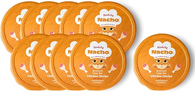 Made by Nacho Wet Cat Food, Cage-Free Minced Chicken in Bone Broth for Hydration with Prebiotics for Digestive Health, High Protein, 2.5oz Cups (10 Pack), Limited Ingredients-Mewly Pet