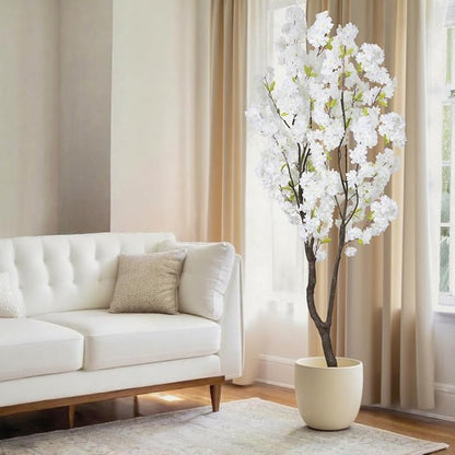 6.56ft White Artificial Cherry Blossom Tree Indoor Decor,Nearly Nature Silk Flower Fake Tree Tall,Realistic Outdoor Faux Cherry Plant Wishing Tree Front Door Handmade for Office Living Room Decor