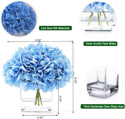 Silk Blue Artificial Hydrangea in Vase with Faux Water, Silk Flower Arrangements in Vase for Home Decor, Wedding Table (Blue)