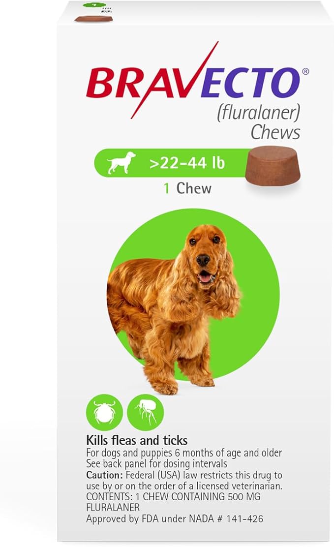 BRAVECTO Chew for Dogs, Flea & Tick, 1 Chew, 12 Week Supply, 22-44 lbs., Green Box-Mewly Pet
