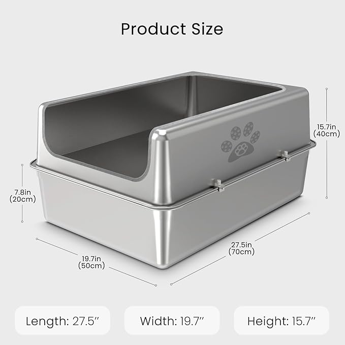 Enclosed Stainless Steel Cat Litter Box with Lid, Oversize Metal Litter Box for Multi Cats, XXXL Supersize Cat Toilet with High Side, Non-Stick, Anti-Leakage, Odorless, with Litter Mat & Litter Scoop-Mewly Pet