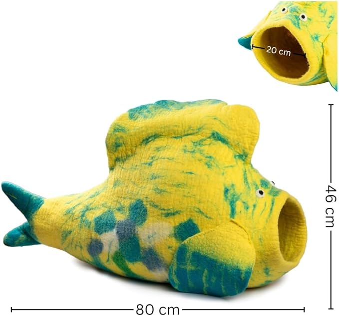 Luxurious Eco-Friendly Merino Wool Cat Cave Bed Fish Design - Foldable Hideaway Pod for Indoor Cats - Premium Felt Kitten Beds - Covered Cat House for Ultimate Cozy Comfort by Woolygon-Mewly Pet