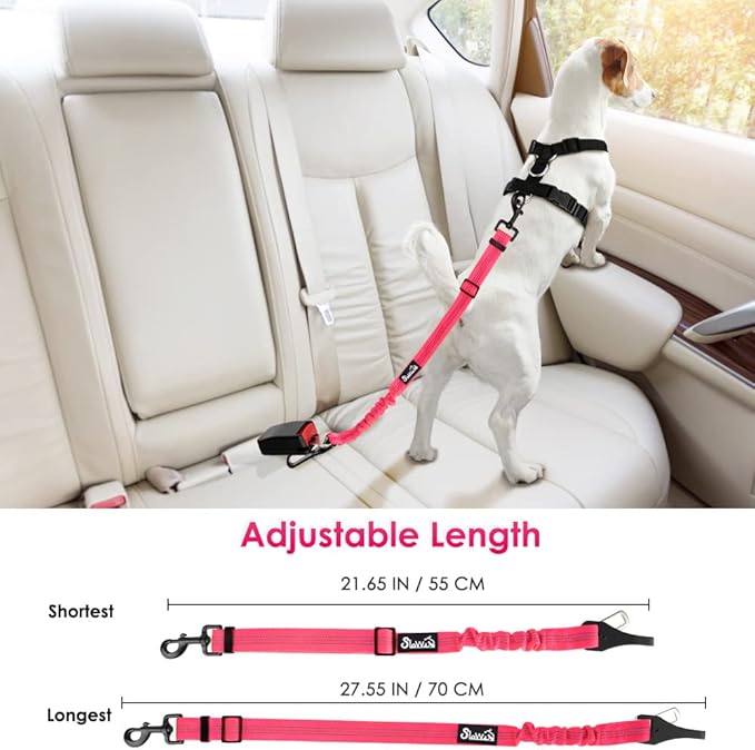 SlowTon 2 Pack Dog Seat Belt, 2 in 1 Attachment, Hook Latch Bar or Seatbelt Buckle with Elastic Nylon Bungee Buffer Adjustable Reflective Nylon Safety Belt Tether Connect to Dog Harness (2pack-FL)-Mewly Pet