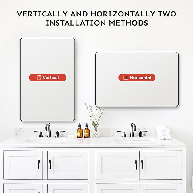 Kosmonia 20x16 Bathroom Vanity Mirror for Wall, Aluminum Framed, Farmhouse Rectangle, Anti-Rust, HD Reflection Anti-Desilvering, Distortion Free, Tempered and Shatter-Proof Wall Mounted Mirror, Black