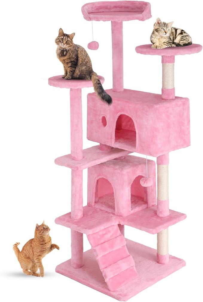 FDW Cat Tree 54in Cat Tower Multi-Level Durable Cat Scratching Post & Cozy Fun Cat Jumping Platform Space Saving Cat Condo Pet Play House for Indoor Cats,Pink-Mewly Pet