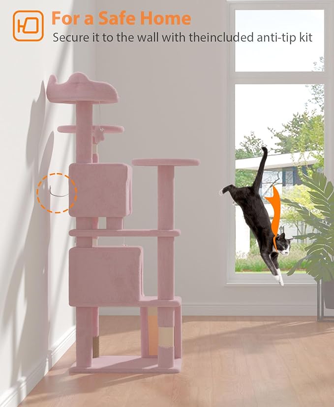 54" Cat tree Tower for Indoor Cats Large Adult,Cute/Tall Modern Cat Tree for Big Cats 20 lbs,Plush Multi-Level Cat Condo with Scratching Posts, Dangling Ball for fun play (Soft Pink, 54 inch)-Mewly Pet