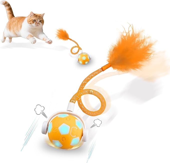 Cat Toy Ball,Interactive Cat Toy Ball with 3 Modes for Indoor Cat,The 2025 Generation Self Moving Cats Toy,Rolling Cats Toy with Feather & Bells for Bored Cats & Small dogs,Touch to Activate (Orange)-Mewly Pet