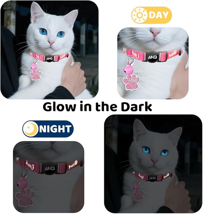 Personalized Breakaway Cat Collars Glow-in-The-Dark with ID Tag, Bell - Safety Quick - Release, Customizable for Female Male Kittens & Cats (Pink)-Mewly Pet