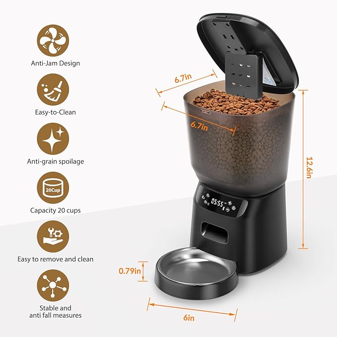 Automatic Cat Feeder, Cat Food Dispenser with Stainless Steel Bowl, Timed Portion Control 20 Portions 6 Meals Per Day, Voice Recorder, Dual Power Supply for Small Dogs (Black)-Mewly Pet
