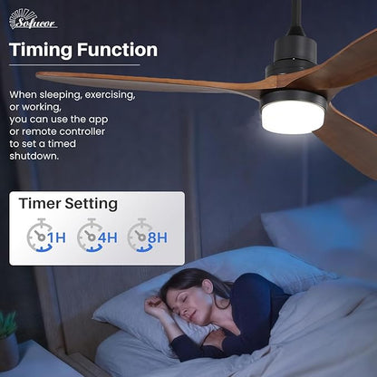 Sofucor 60 Inch Ceiling Fans with Lights, Walnut Solid Wood Ceiling Fan with Light Remote Control, Indoor/Outdoor Ceiling Fan with Reversible DC Motor, 3 Blade Fan Light for Bedroom Patio Farmhouse