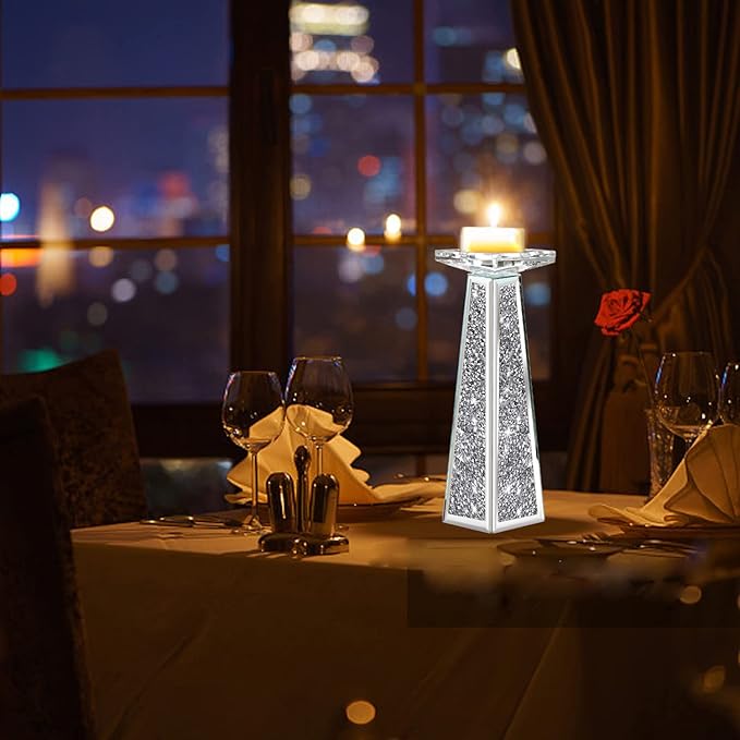 Wocred 2 Piece Candlestick Holders for Holding Pillar Candles, Crystal Crushed Diamond Candle Holders Set Decor for Dinning Room, Silver Glass Votive Candle Holders for Table Centerpiece(12”)