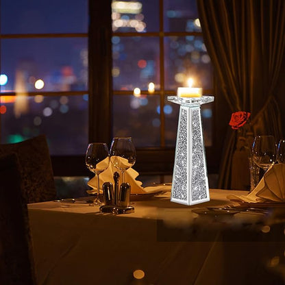 Wocred 2 Piece Candlestick Holders for Holding Pillar Candles, Crystal Crushed Diamond Candle Holders Set Decor for Dinning Room, Silver Glass Votive Candle Holders for Table Centerpiece(12”)