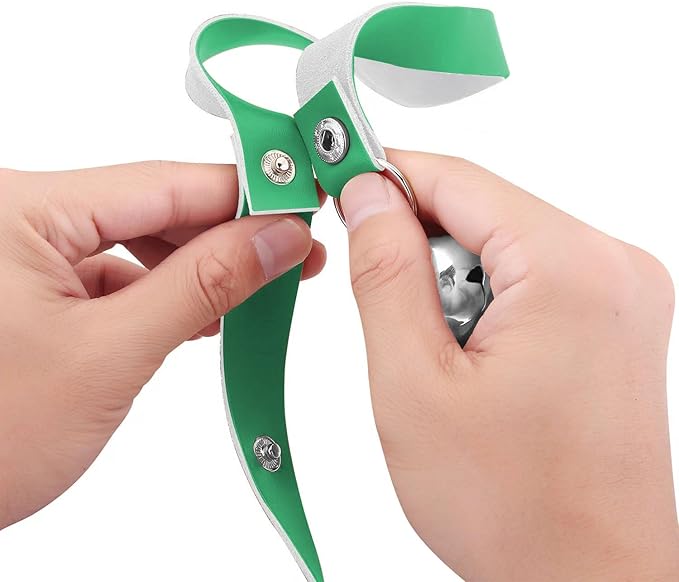 Leather Dog Doorbells for Door Knob/Potty Training/Go Outside, Length Adjustment Copper Dog Bell, Housetraining Hanging Bell, Green Leather Silver Bells.-Mewly Pet