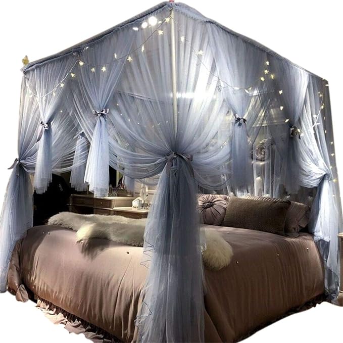 Joyreap 4 Corners Post Canopy Bed Curtain for Girls & Adults - Royal Luxurious Cozy Drape Netting - Cute Princess Bedroom Decoration Accessories (Gray-Blue, King)