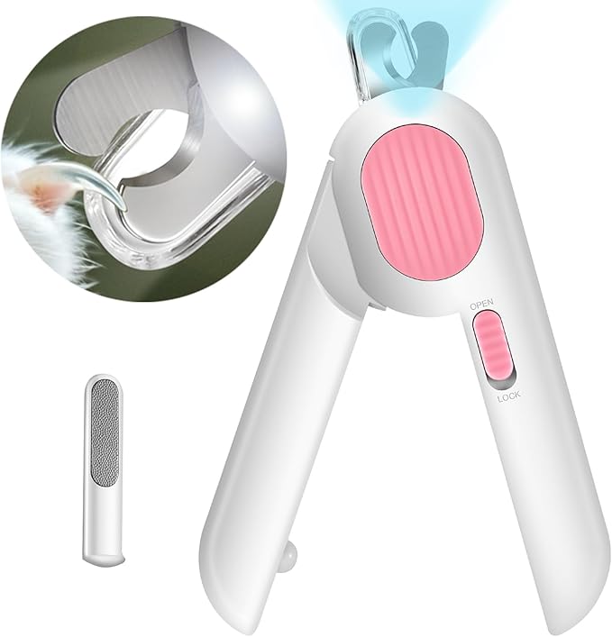 Odoland Cat Nail Clipper with LED Light and Nail File, Dog Claw Trimmer with Bright Light to Avoid Excessive Cutting - Pet Grooming Tool for Tiny Dog Cat Kitten Bunny Rabbit Pink-Mewly Pet