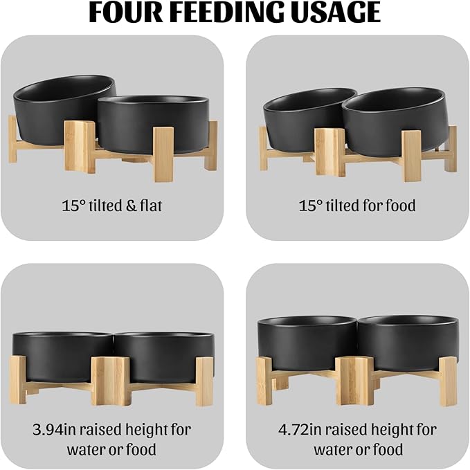 SPUNKYJUNKY 15° Slanted Ceramic Dog and Cat Bowl with Wooden Stand, Tilted Bulldog Food and Water Bowl No Slip Non-Spill for Cats Medium Dogs Big Face Pets 28.7 OZ (3.6 Cups, Black × 2)-Mewly Pet
