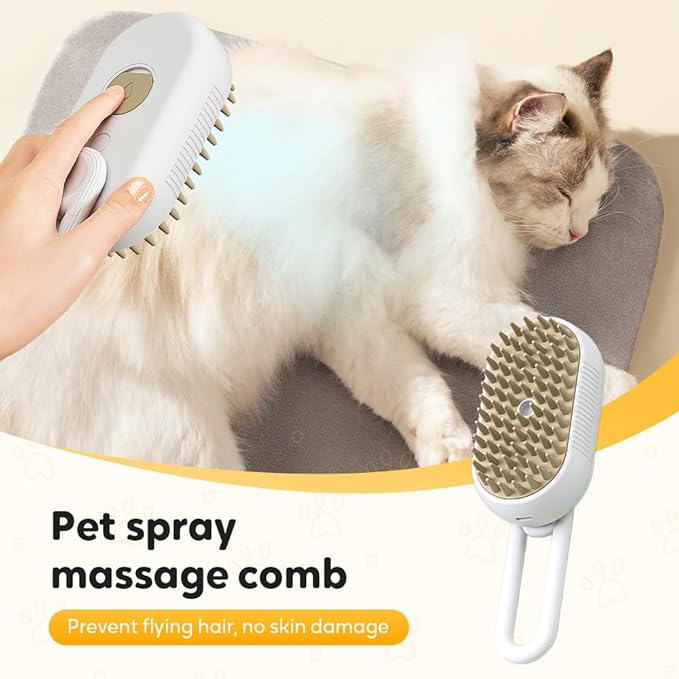 3-In-1 Rechargeable Steamy Cat Brush, Deep Cleaning & Hair Removal System with Rotating Handle, 360° Massage for Cats & Dogs (Cream)-Mewly Pet