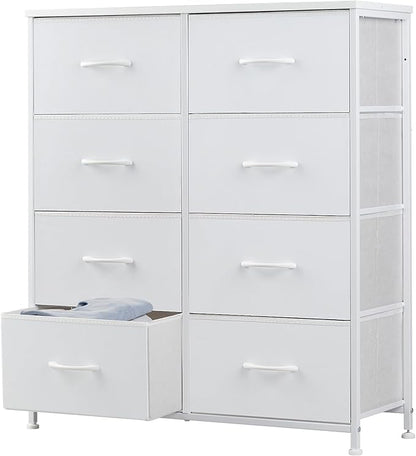 DUMOS Dresser for Bedroom with 8 Fabric Drawers, Tall Chest Organizer Units for Clothing, Closet, Kidsroom, Storage Tower with Cabinet, Metal Frame, Wooden Top, Lightweight Nursery Furniture, White