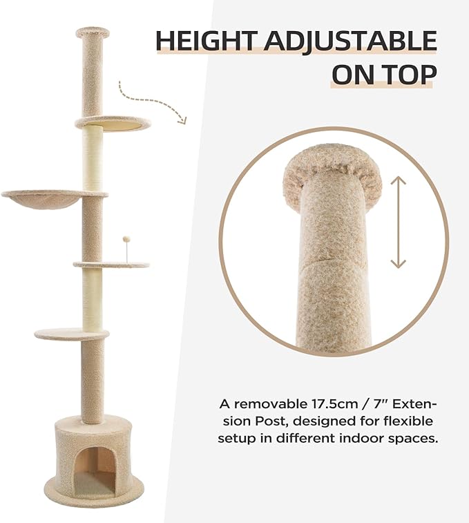 Made4Pets Floor to Ceiling Cat Tree 93-106'',Tall Cat Tower 5 Tiers, Adjustable Height, Stable Cat Tree Tower with Scratching Posts, Fluffy Condo, Hammock and Ball Toy for Indoor Cats/Kitten, Beige