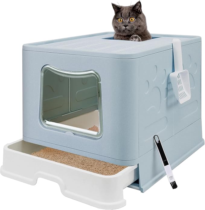 XL Foldable Cat Litter Box with Lid - Jumbo Enclosed Potty - Top Entry Anti-Splashing Toilet - Includes Scoop & 2-in-1 Cleaning Brush (Blue-Mewly Pet